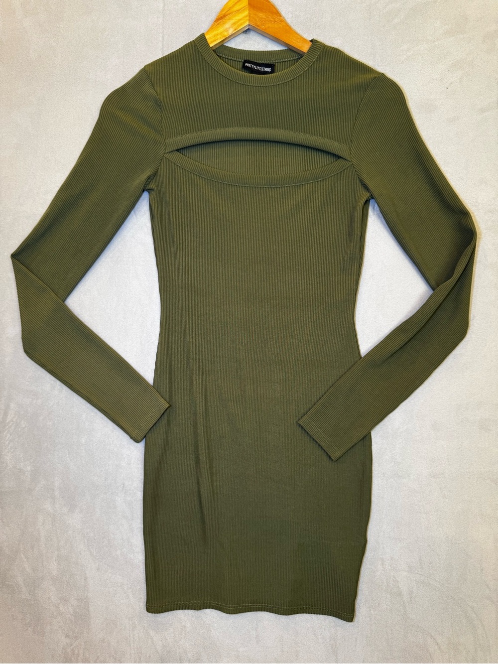 PrettyLittleThing Olive Green Cutout Mini Dress US 4 Ribbed Long Sleeve Y2K